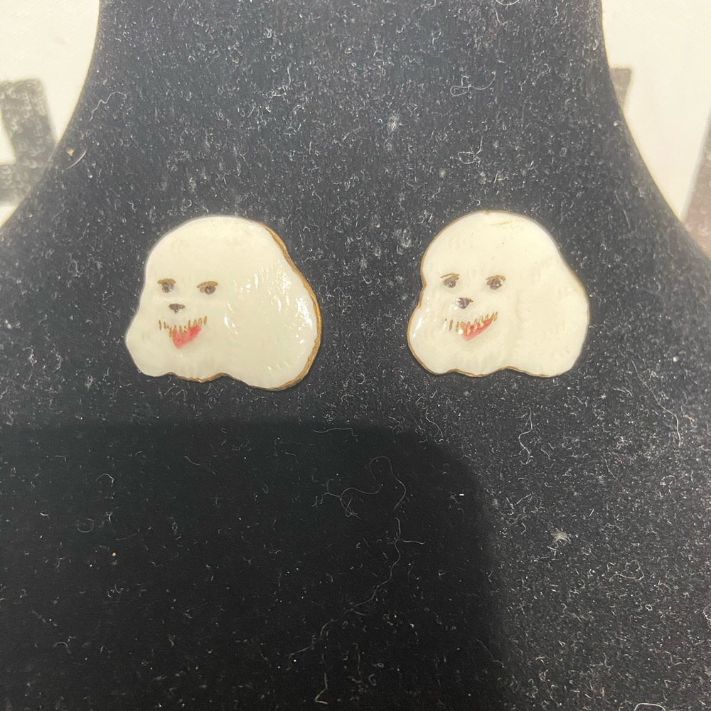 Bichon Frise White Enamel Pierced Stud Earrings. Signed C. Clay